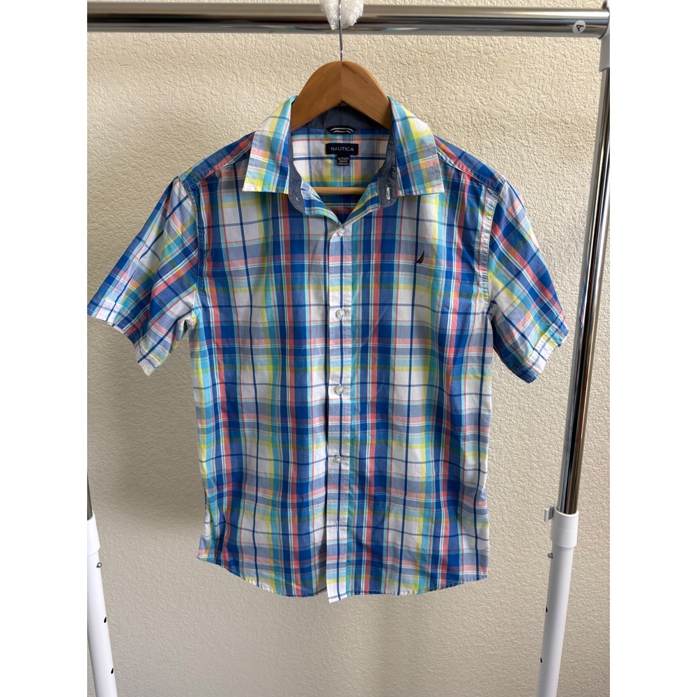 Nautica Boys XL 18/20 Short Sleeve Button Down Plaid Madras Shirt